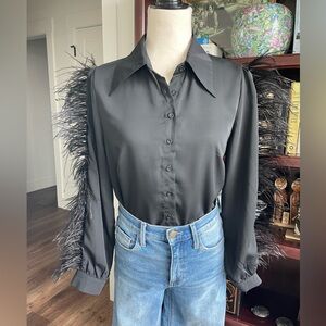 La’ Ros Black Feather Trim Sleeve Semi-Sheer Button Down Top